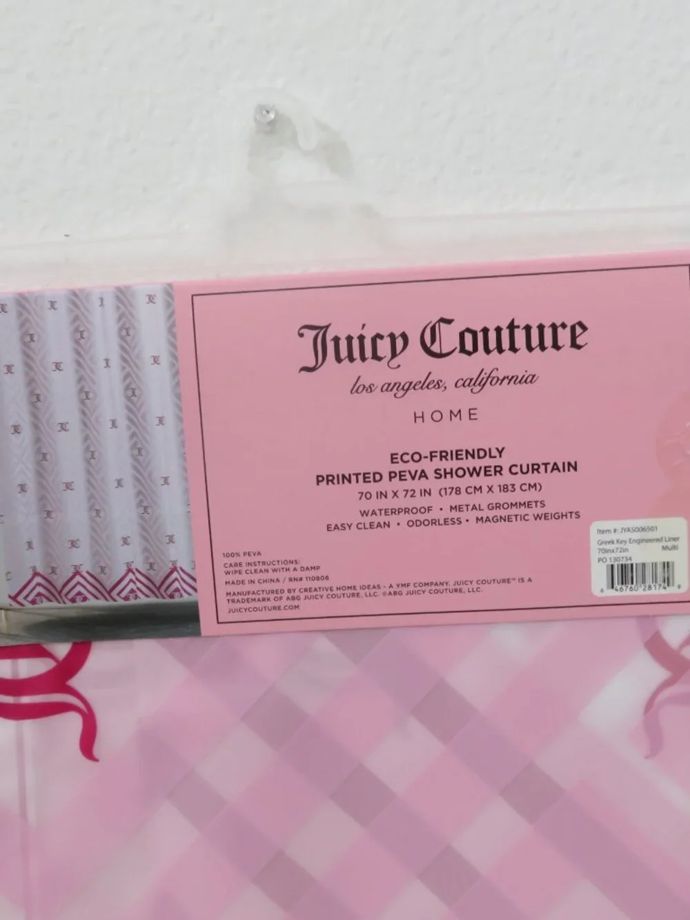(#134) Juicy Couture PEVA Pink Crown Logo Shower Curtain Liner Bathroom 70x72